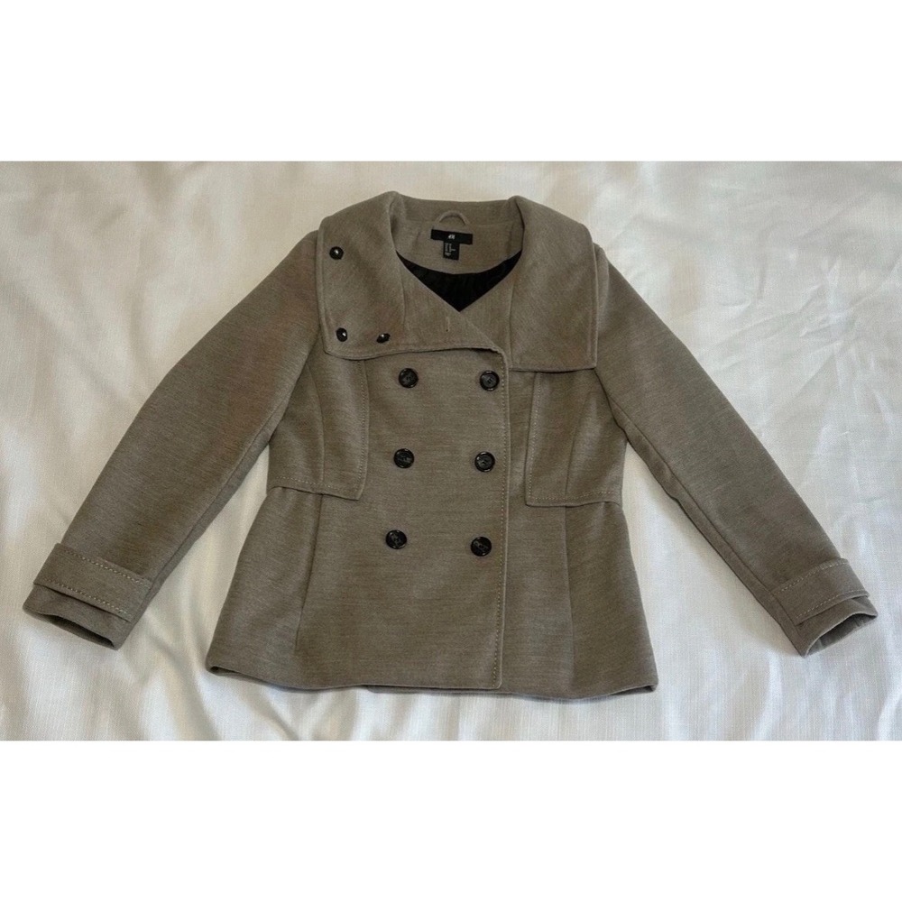 H&M Womens Taupe Brown Double Breasted Pea Coat Jacket Size 10 Wide Collar